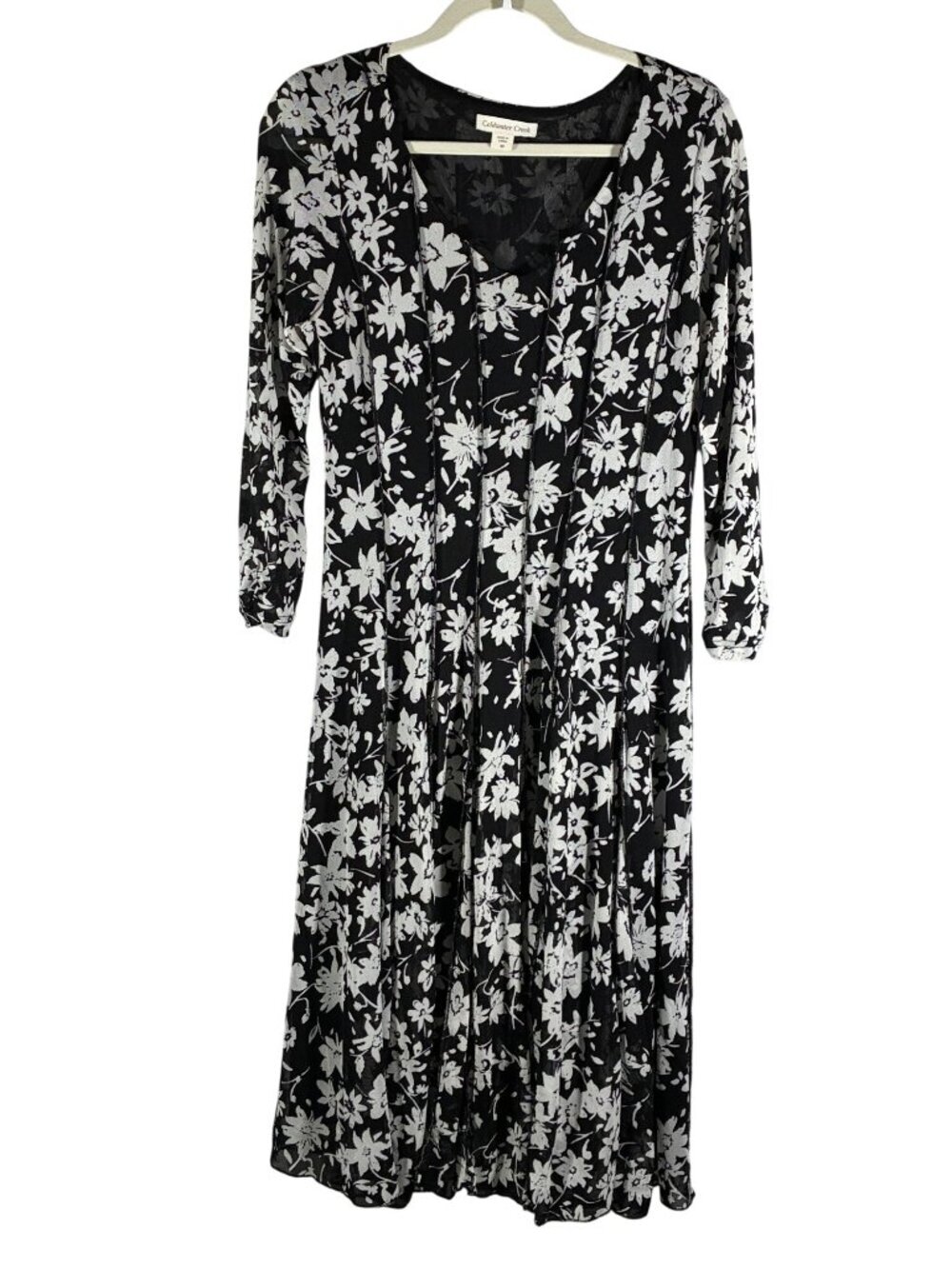 Coldwater Creek mesh overlay Black & White Floral Midi Dress Size 10 3/4 Sleeve